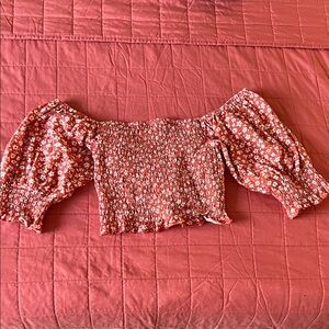 Billabong Red Floral Smocked Off-Shoulder Crop Top